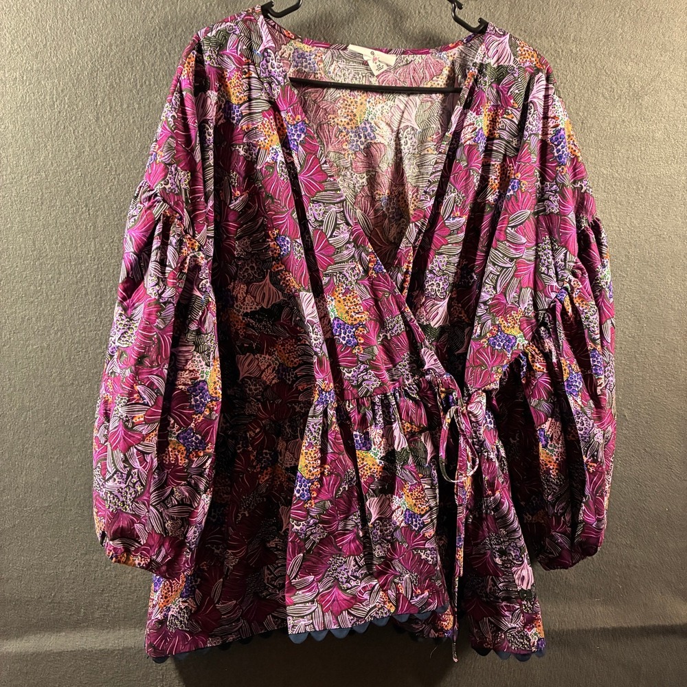 Kika Vargas Floral Wrap Top Puff Sleeve Cotton Purple 2X boho tropical resort